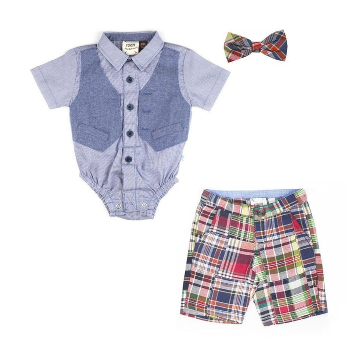 Faux Vest, Madras Shorts & Snap Bow Tie Set