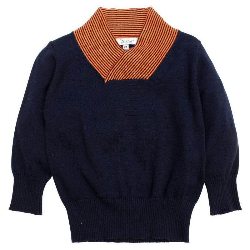Navy Knit Sweater With Orange Striped Collar