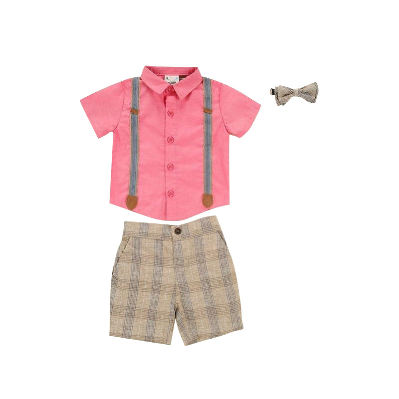 Coral Shirt & Tan Plaid Shorts Set