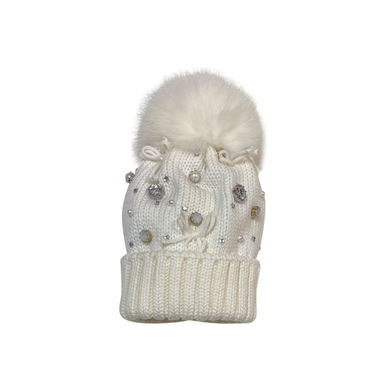 White Wool Jeweled Cap With Fox Pom Pom