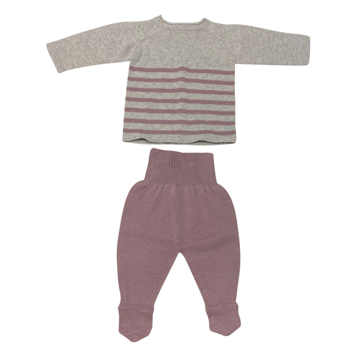 Grey & Mauve Knitted Round Collar Sweater with Footed Pant