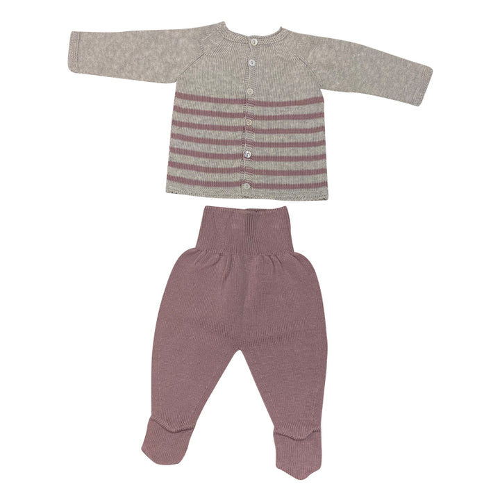 Grey & Mauve Knitted Round Collar Sweater with Footed Pant