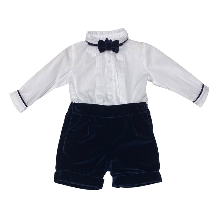 Long Sleeve White Top and Navy Short Suit