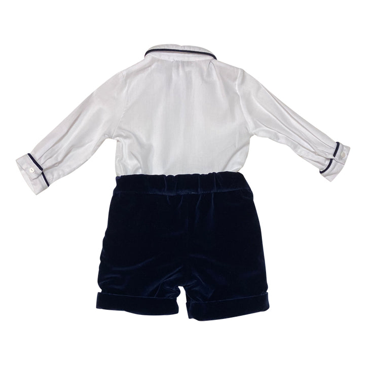 Long Sleeve White Top and Navy Short Suit