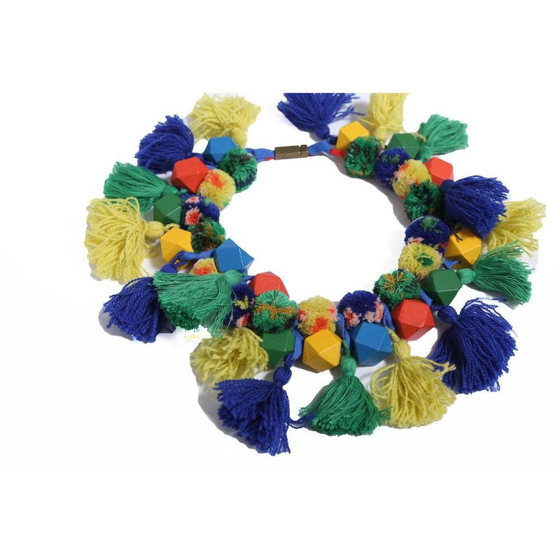 Kashmiri Tasseled Pom Pom Collar Emerald Mix