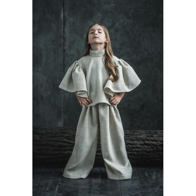 Mandarin Collared Wooled Shirt with Ruffled Sleeves