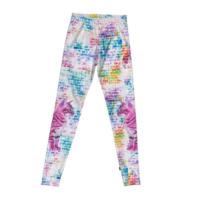 Multicolor Kitten On Brick Wall Print Legging