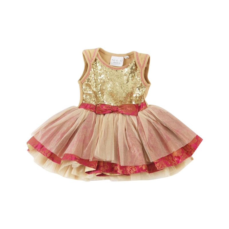 Red And Gold Sequin Tie Bow Baby Onesie