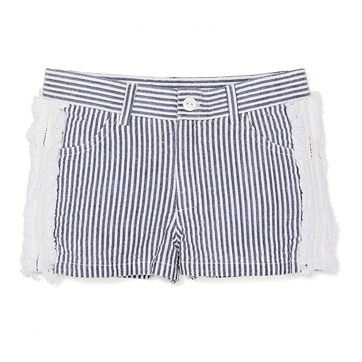 Navy Seersucker Stripe Fringe Shorts