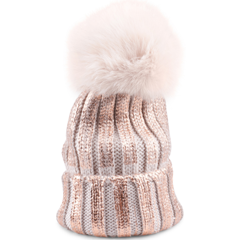 Gold Wool Cap With Fox Pom Pom