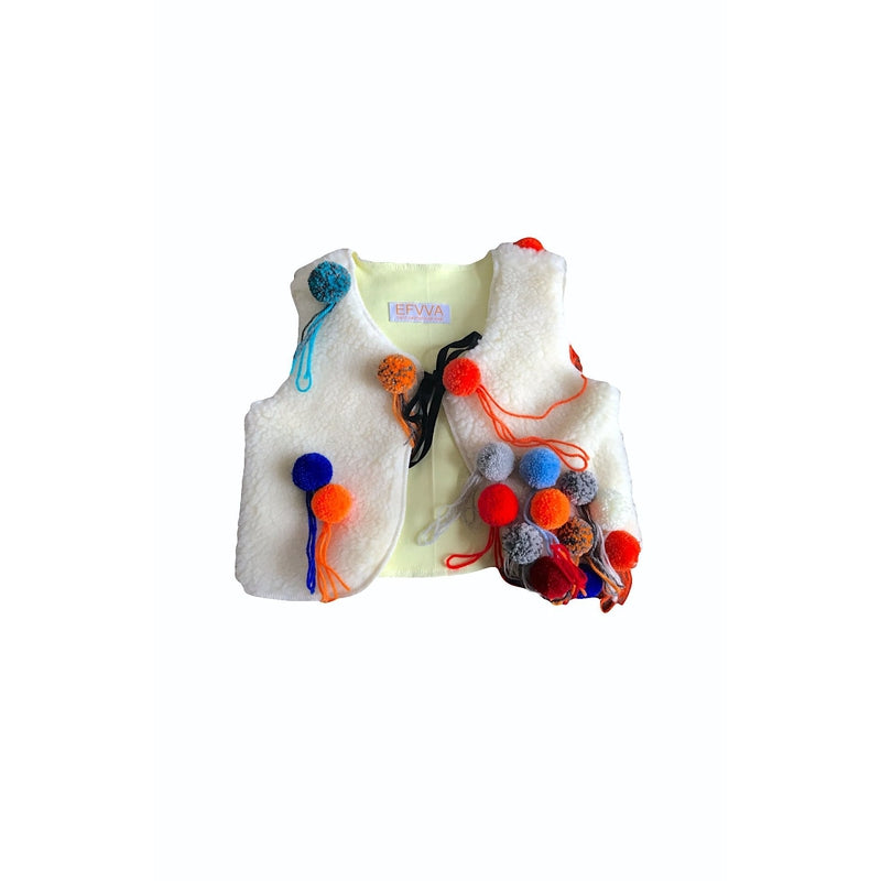 White Fur Vest with Multi-Colored Pomps