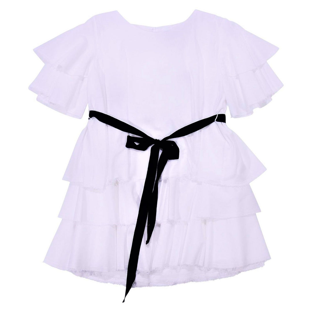 White Ruffle Dress with Black Belt