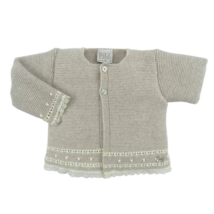 Light Brown Cream Knit Newborn Magia Cardigan Knickers and Camp Anilla Blouse Set