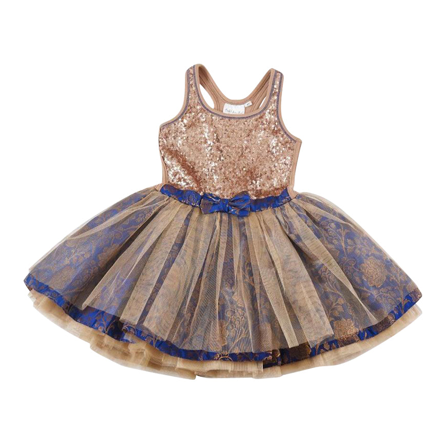 Blue and Gold Sequin Tie Bow Dress
