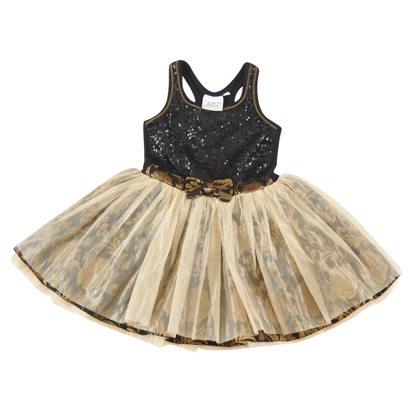 Black and Gold Sequin Tie Bow Dress