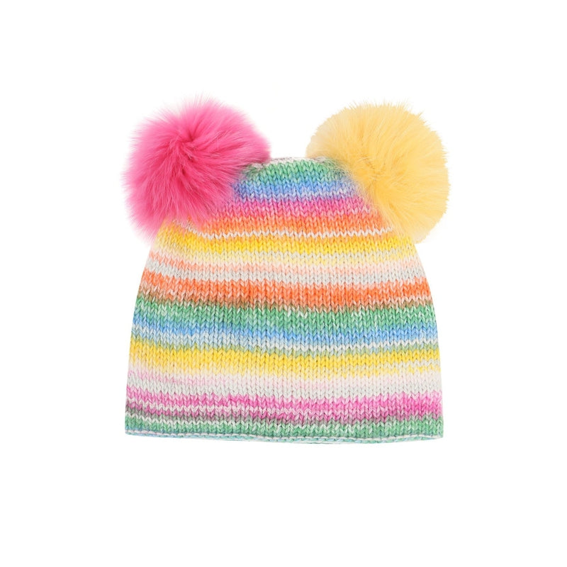 Multicolored Wool Cap With Fox Pom Pom
