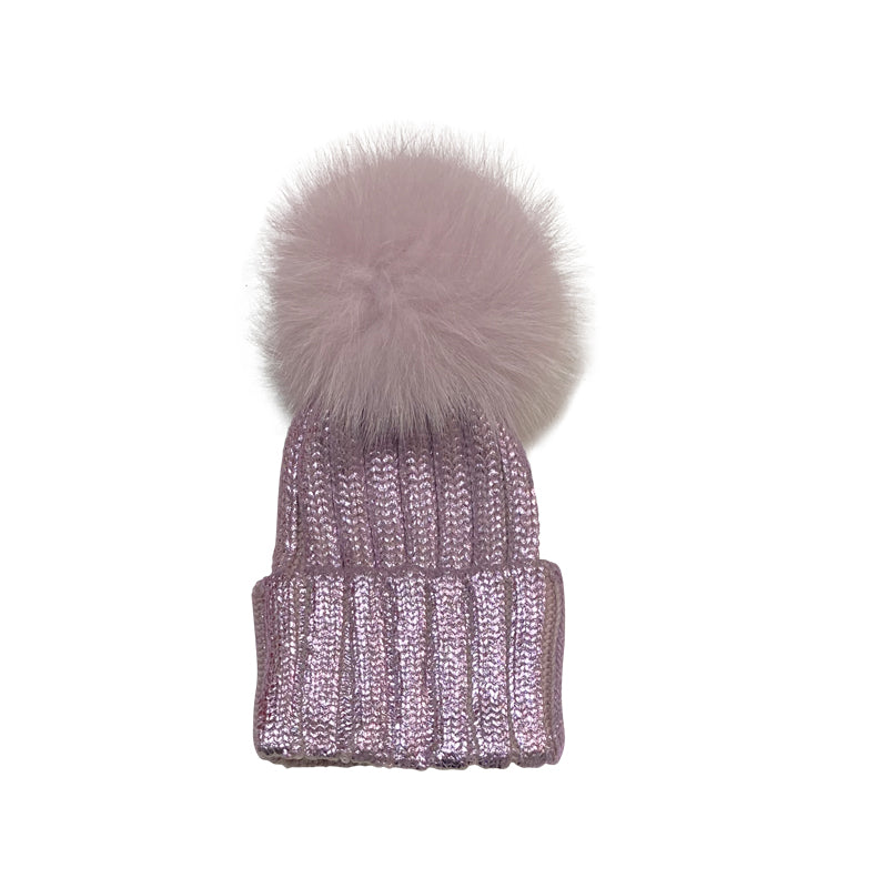 Purple Wool Cap With Fox Pom Pom