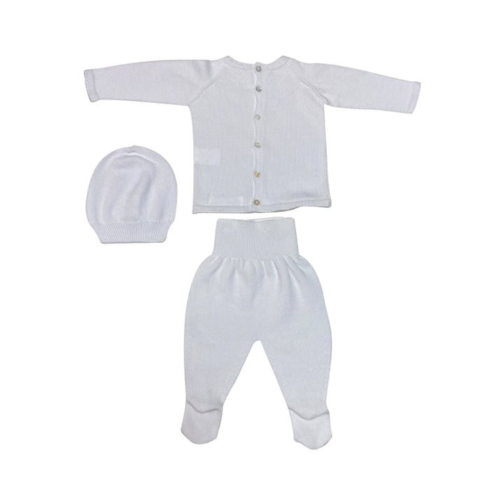 White 3pc Knitted Sweater, Pants and Hat Set