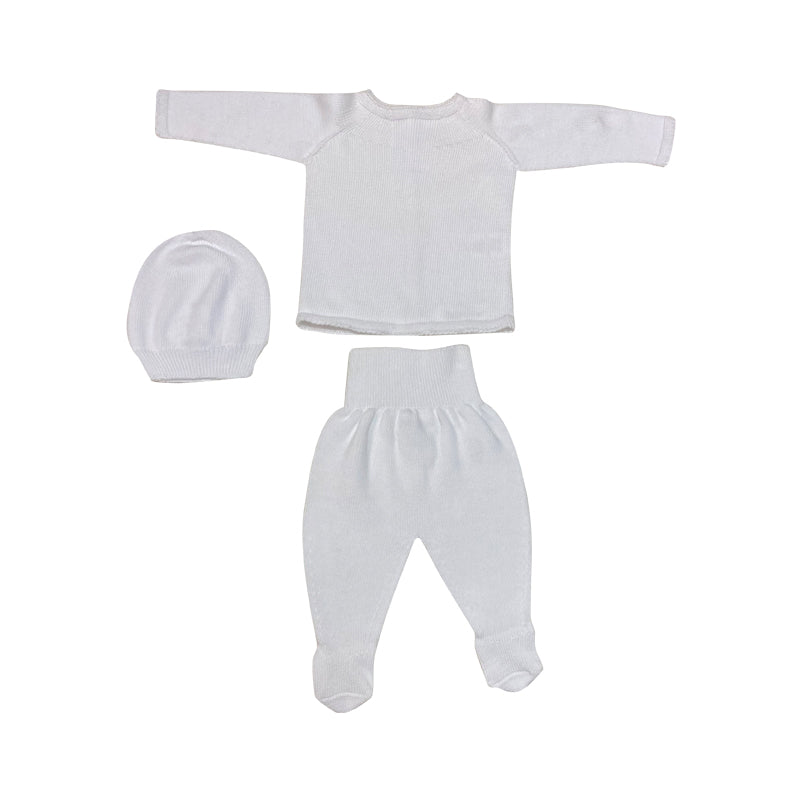 White 3pc Knitted Sweater, Pants and Hat Set