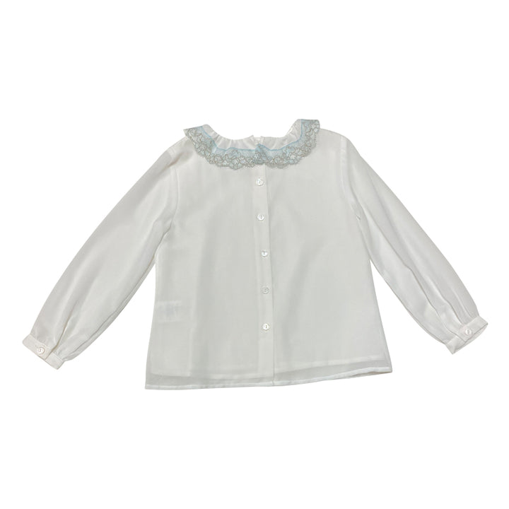 Ecru Woven Girl Blouse With Blue Laced Collar