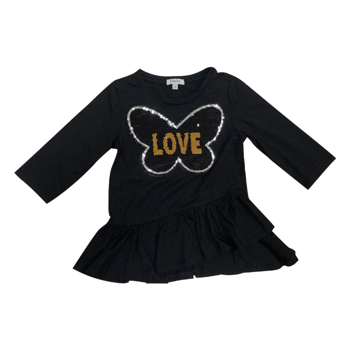 Asymmetric Ruffle Black Top with Sequin Love
