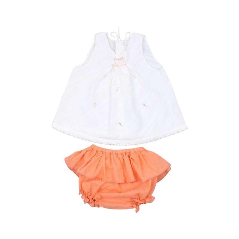 White Dobby Smocked Top With Coral Swiss Dot Ruffle Bottoms