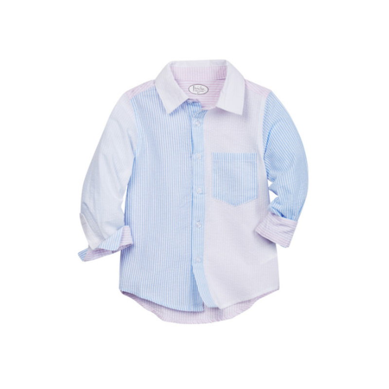 Long Sleeve Colorblock Seersucker Button Down Shirt